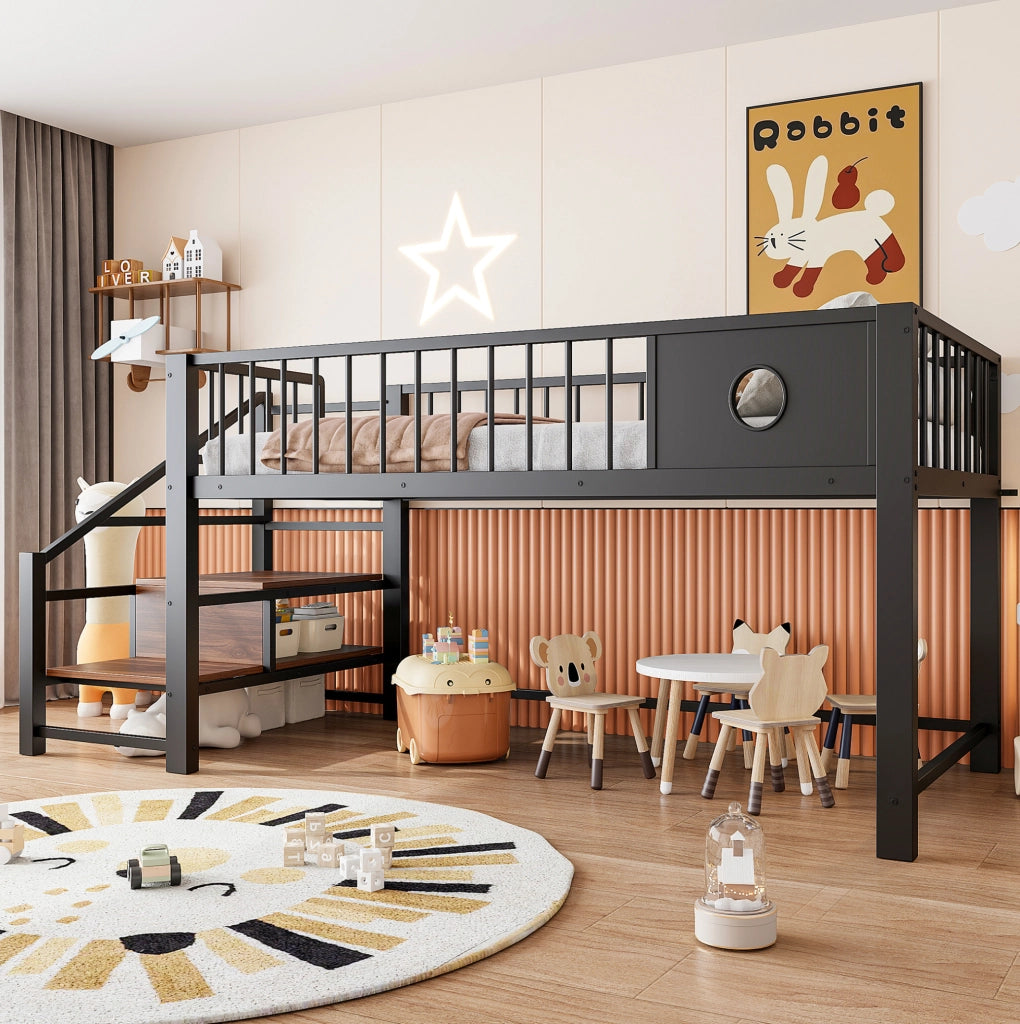 Letto a soppalco basso per bambini 90x200 cm con scala, nero