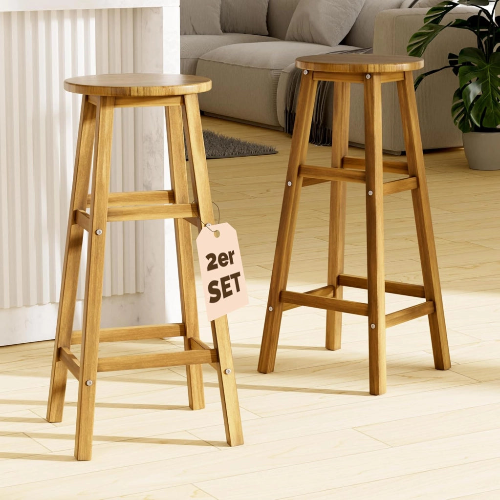 ® Set di 2 Sgabelli da Bar in Legno D'acacia Altezza 75cm Design Rustico Sedia da Cucina Sgabello Tondo Bancone Poggiapiedi
