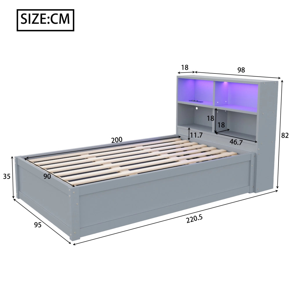 Letto 90x200 cm con presa multifunzione; LED e vani portaoggetti in legno grigio