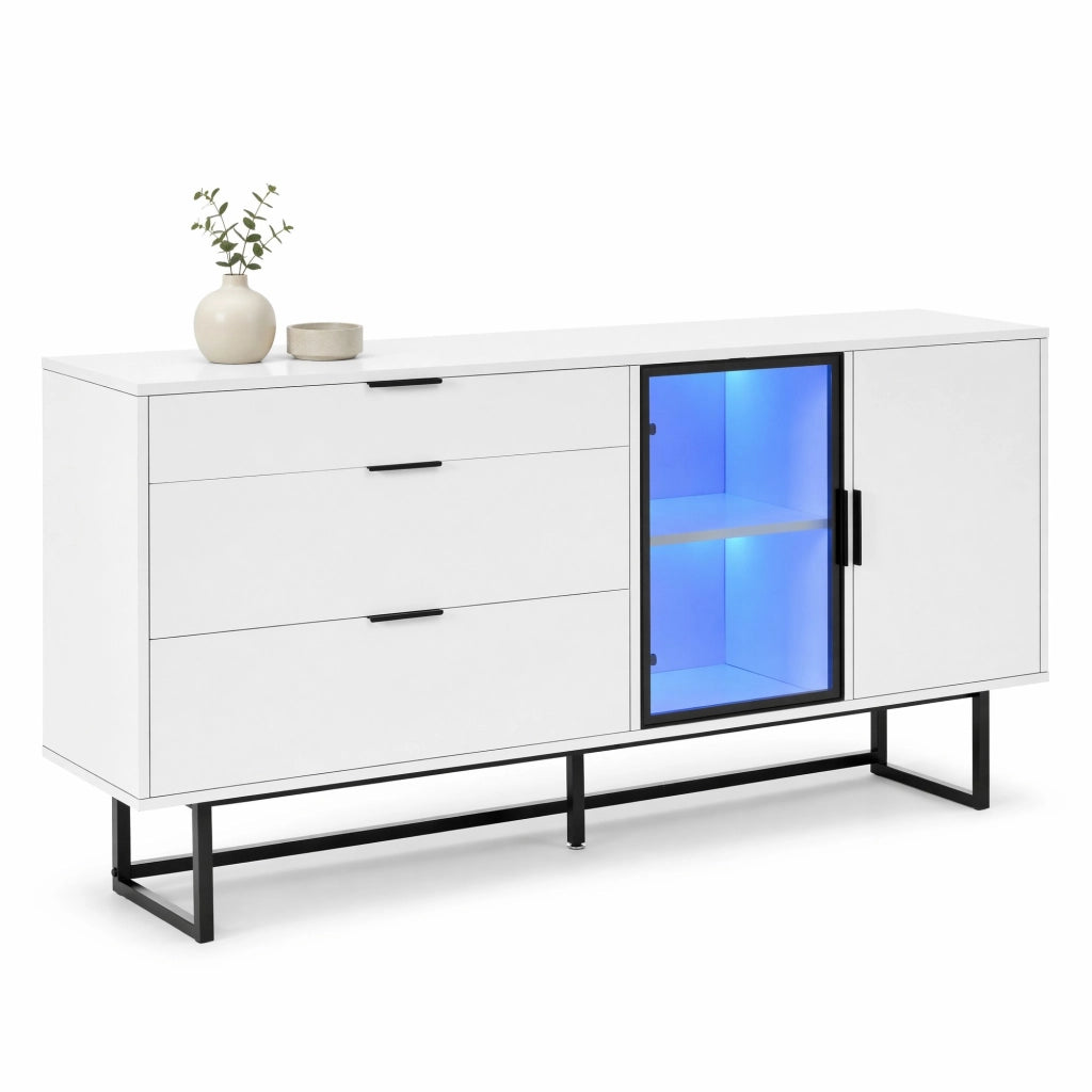 Sideboard moderno bianco con LED, vetrina e 3 cassetti