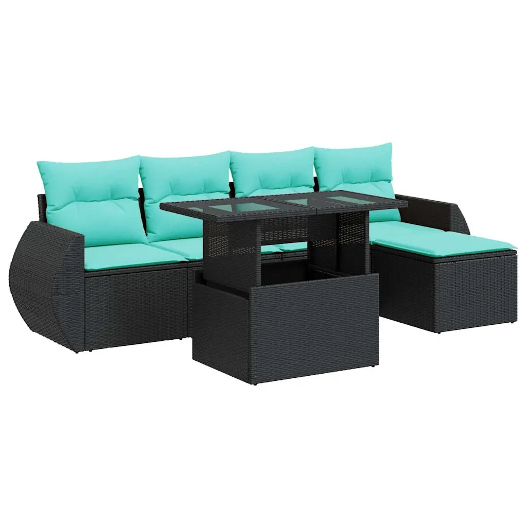Set Divano da Giardino 6 pz con Cuscini Nero Polyrattan Acacia 3326618