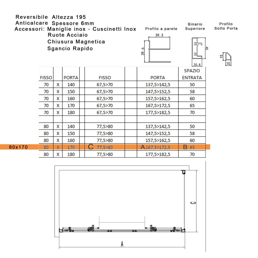 Box doccia tre lati scorrevole cristallo 6mm h195 lagoa-trio, misura 80x170x80