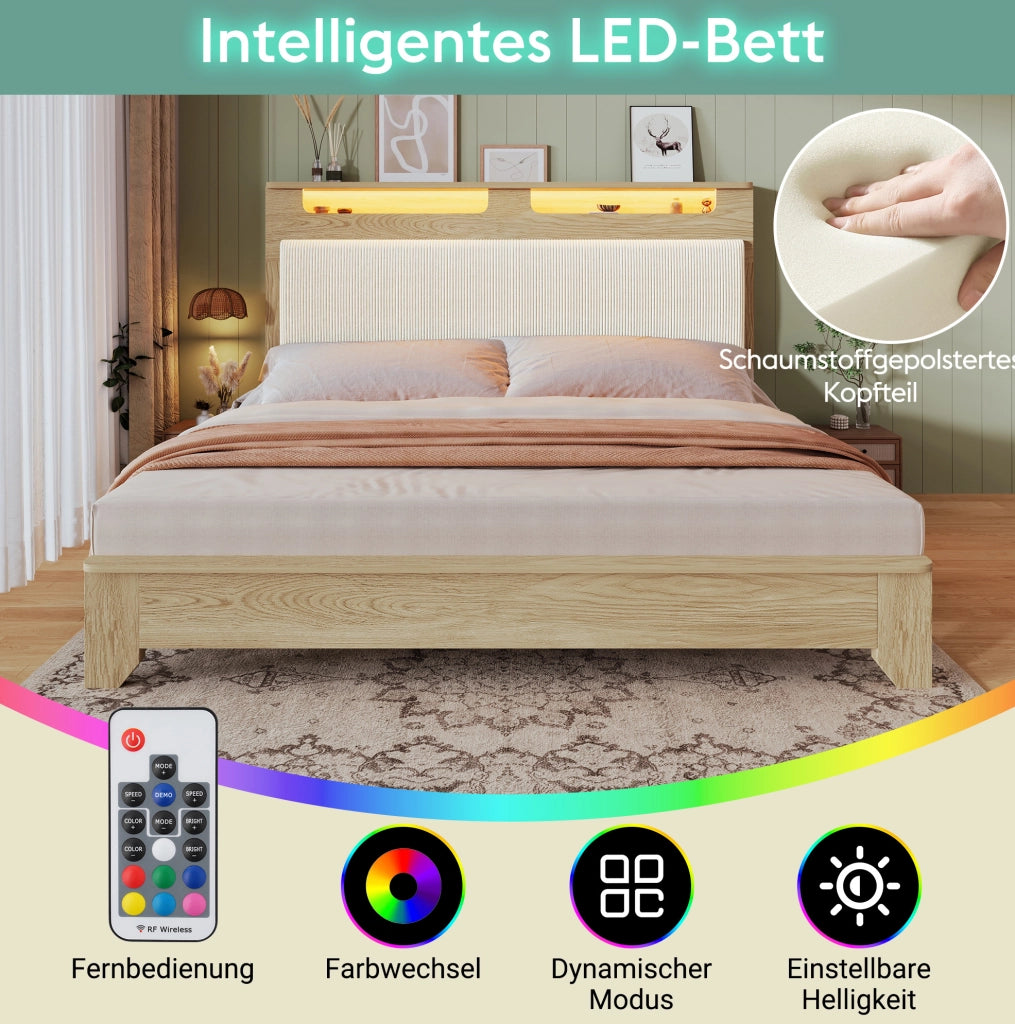 Letto matrimoniale 140x200 cm con LED e testiera contenitore
