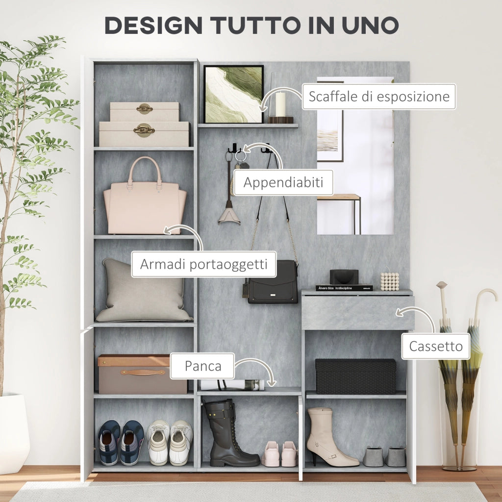 Mobile da Ingresso 4 in 1 con Specchio, Ganci e Ripiani Interni, in Legno, 145x29x184 cm, Grigio e Bianco