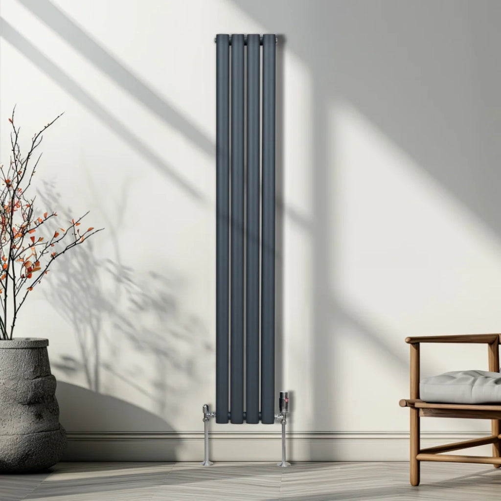 Radiatore a colonna ovale e valvole cromate TRV Designer grigio antracite 1600mm x 240mm