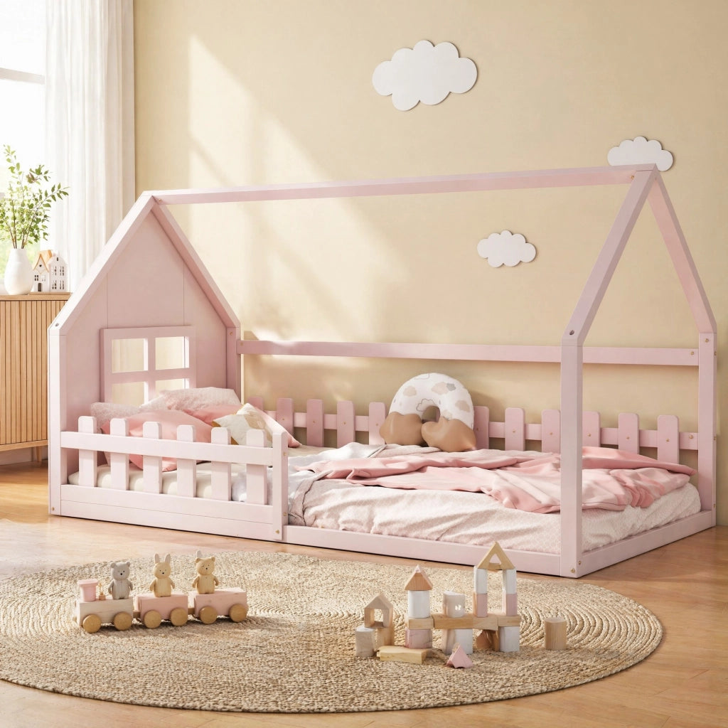 Letto per bambini a casetta rosa 90x200 cm in pino e MDF
