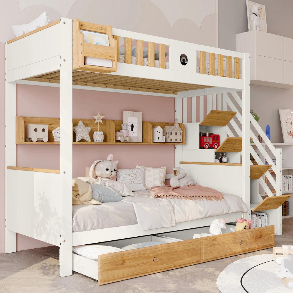 LETTO A CASTELLO con scala contenitore 90x200 cm legno e MDF bianco/naturale