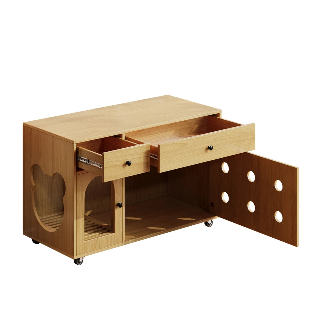 Mobile coperto per lettiera per gatti con 2 cassetti e ripiano superiore, per soggiorno, in MDF, naturale, 100 × 45 × 66 cm
