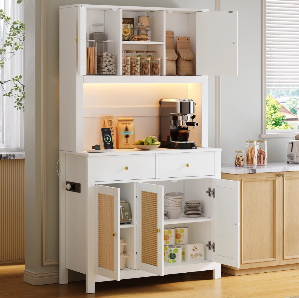 Mobile cucina alto 100x40x180 cm in MDF bianco con LED RGB; prese e cassetti