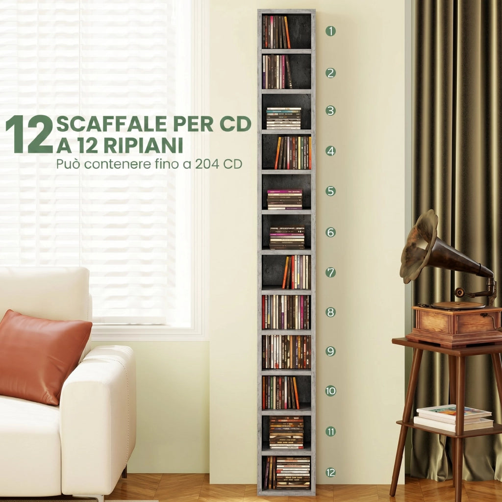 Mobile Libreria Porta CD 21x20x175 cm a 12 Ripiani per 204 CD in MDF e Truciolato Grigio