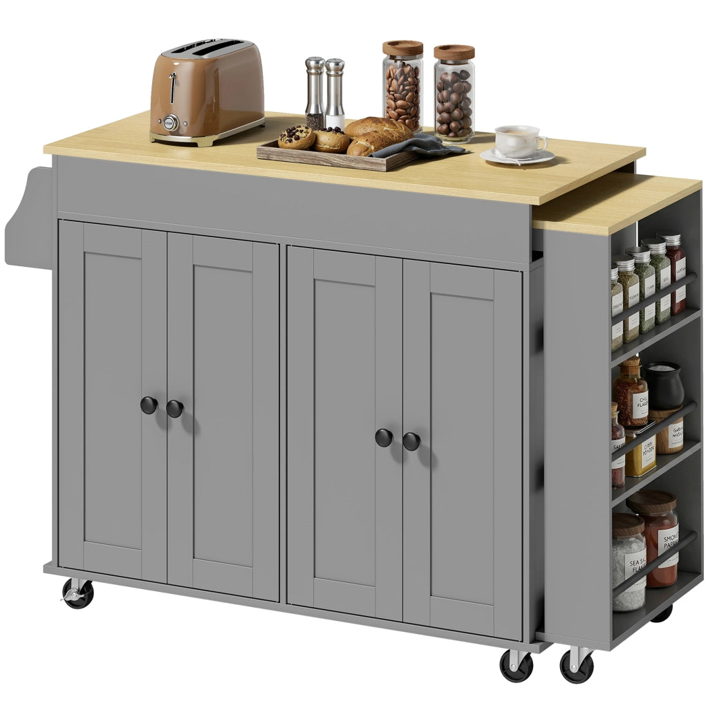 Carrello da Cucina con Ruote ¨C Xylo ¨C Piano Estensibile, 4 Ante, Ripiani Regolabili, Grigio