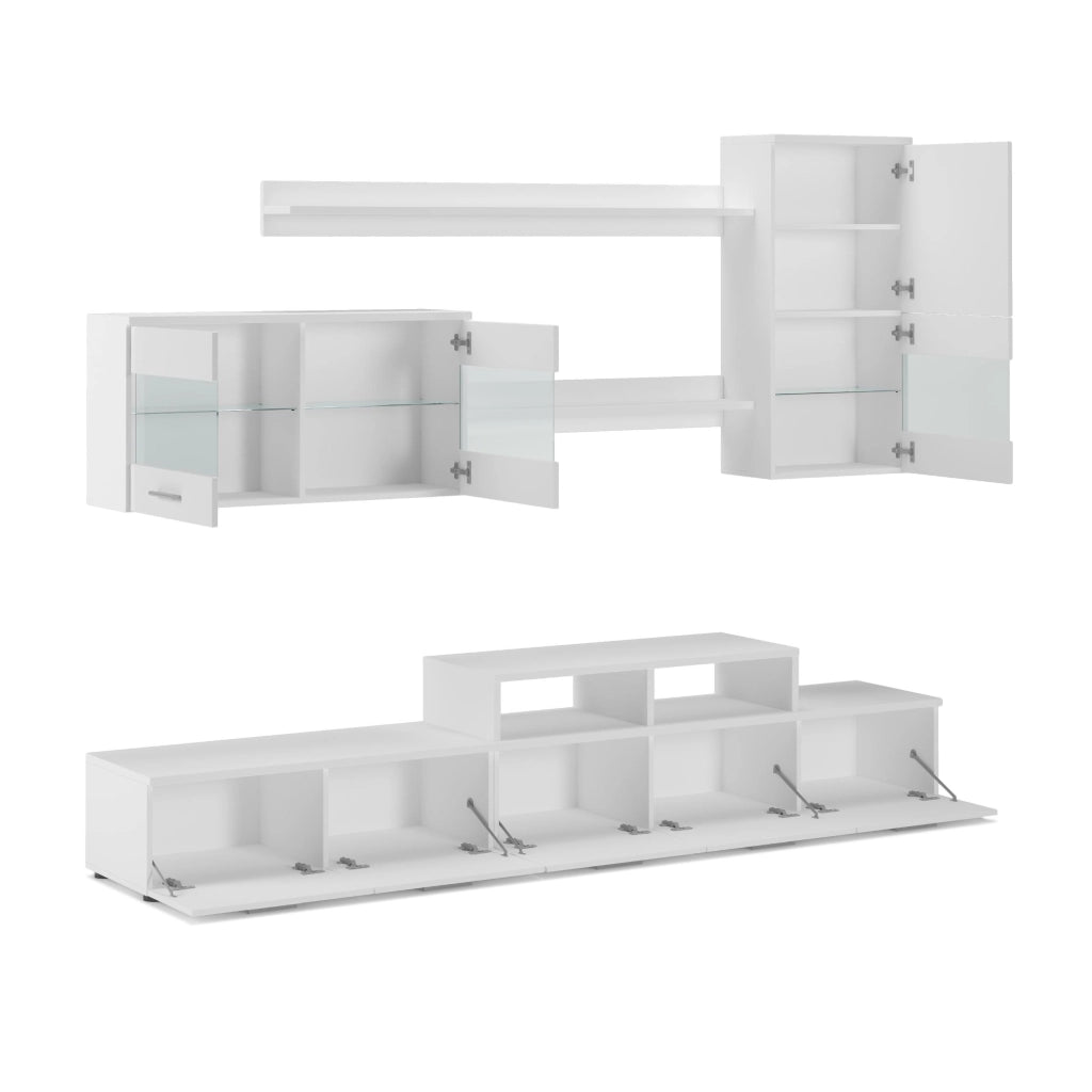 Mobile TV 250x42x194cm Parete da Soggiorno e pranzo contemporaneo colore Bianco Mate e Bianco Laccato  RF546