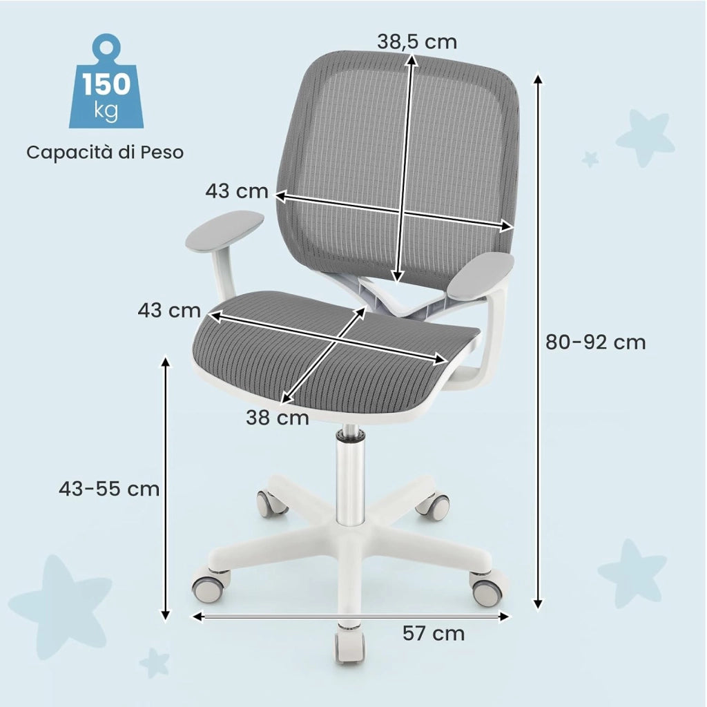 Sedia da Scrivania per Bambini, Sedia Girevole per Computer con Altezza Regolabile, Ruote con Freno, Braccioli Morbidi, Mobile Ergonomica per Bambini 6-15 Anni (Grigio, Rullo di Pressione)