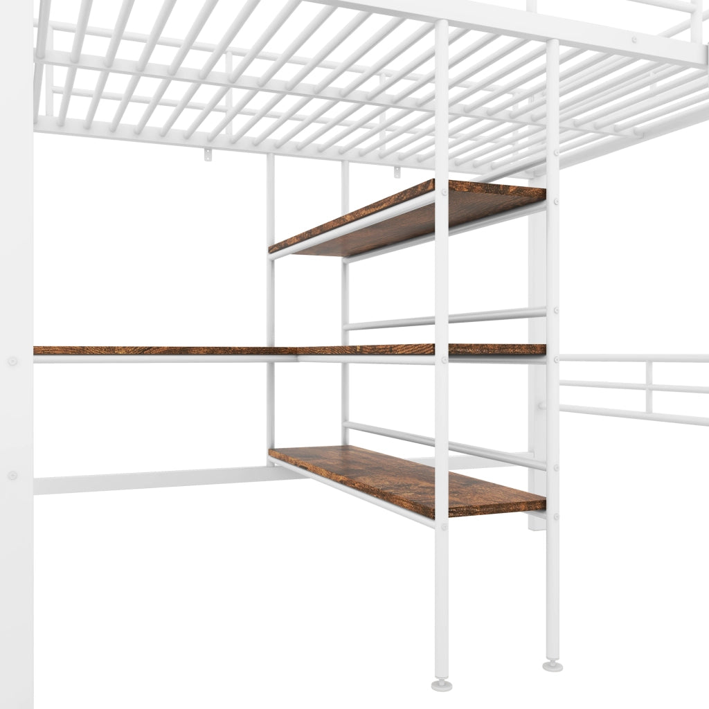 DESMIU Letto a soppalco 1 posto con scrivania, scaffali e scala 90 × 200 cm, senza materasso, metallo bianco
