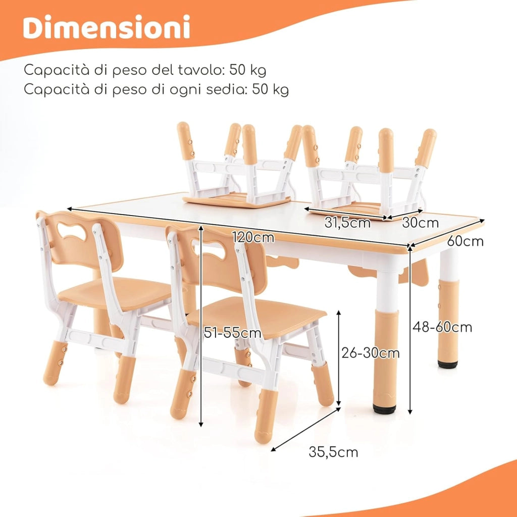Set Tavolo e 4 Seide per Bambini, Scrivania Regolabile in Altezza con Piano Graffiti, Gambe Antiscivolo, Mobile Multifuzione con 4 Posti per Cameretta, Asilo e Scuola (Naturale)