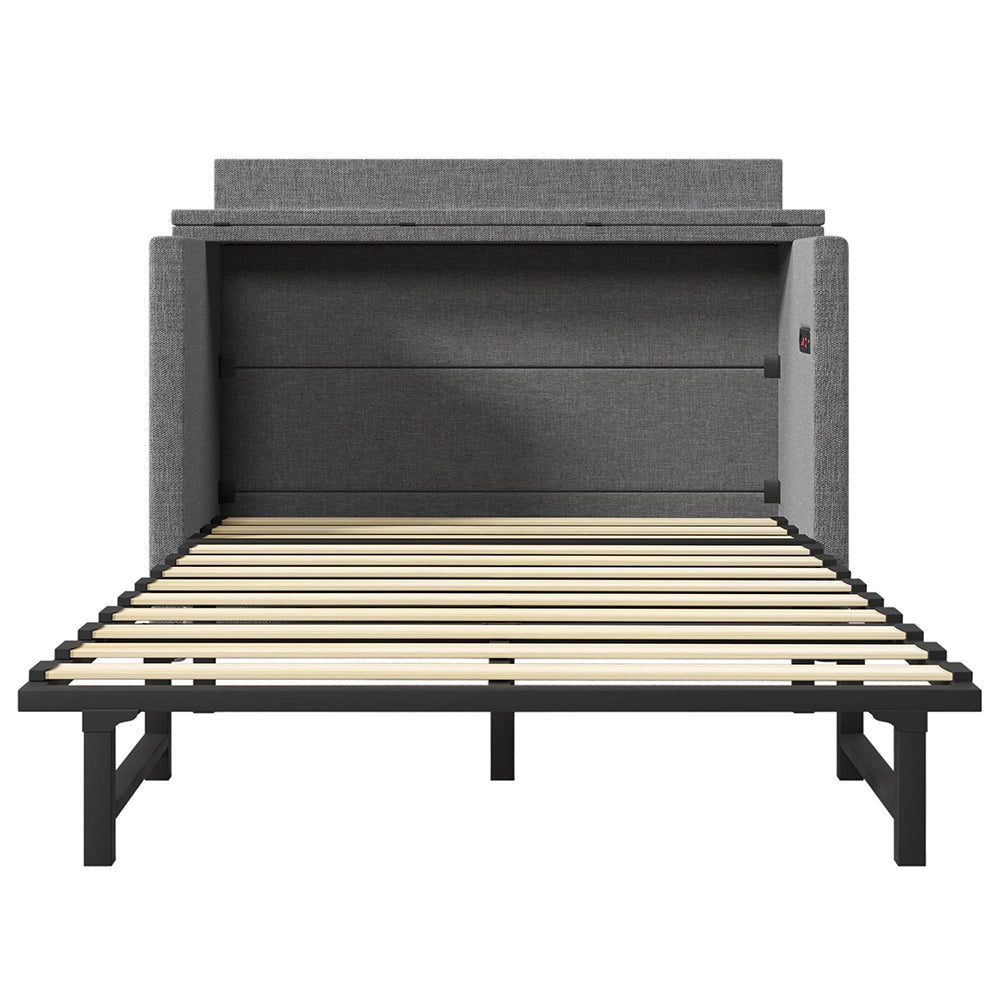 Letto contenitore 140x200 cm - Xylo - con cassetto, porte USB e Type-C, tessuto lino grigio, senza materasso