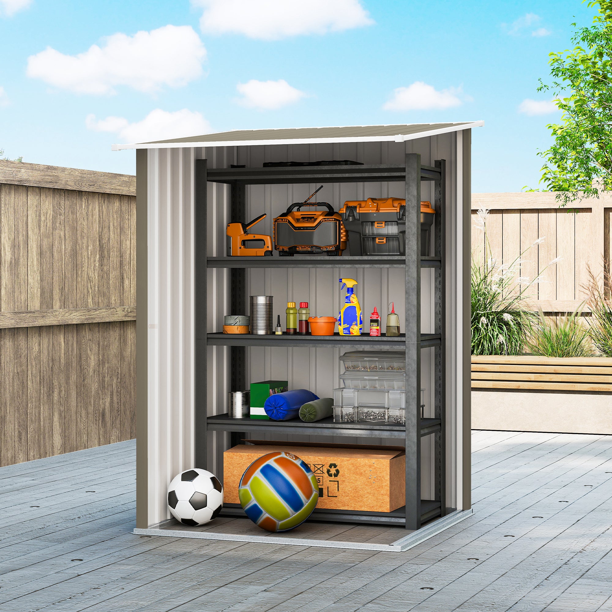 Casetta da Giardino Porta Attrezzi 100x104x160 cm con Porta in Acciaio Galvanizzato Marrone e Bianco