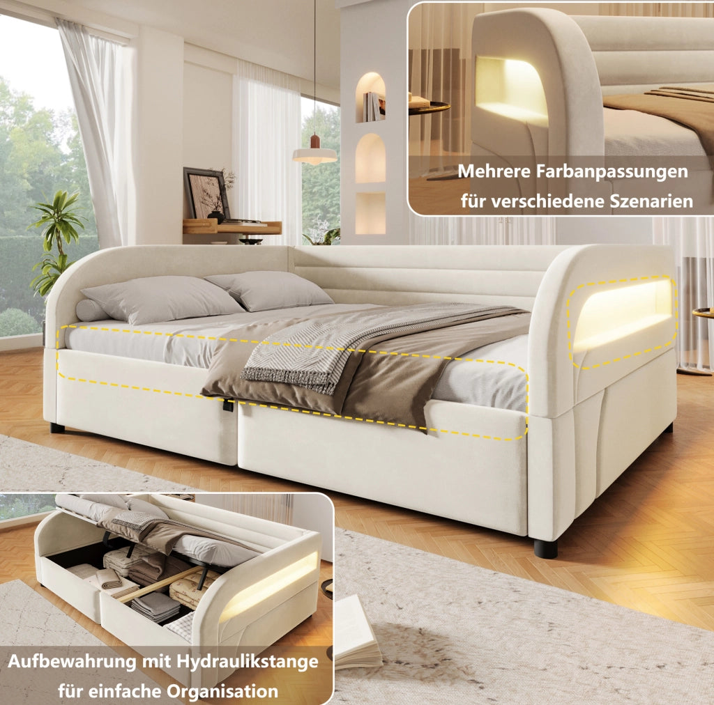 Letto imbottito 140x200 cm con contenitore idraulico e LED; in flanella beige