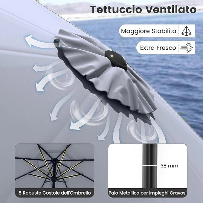 Ombrellone da Giardino 270 cm, Ombrellone da Esterno con Inclinazione Regolabile, Manovella, 8 Stecche, Tettuccio Ventilato, Ombrellone Parasole per Spiaggia, Bordo Piscina