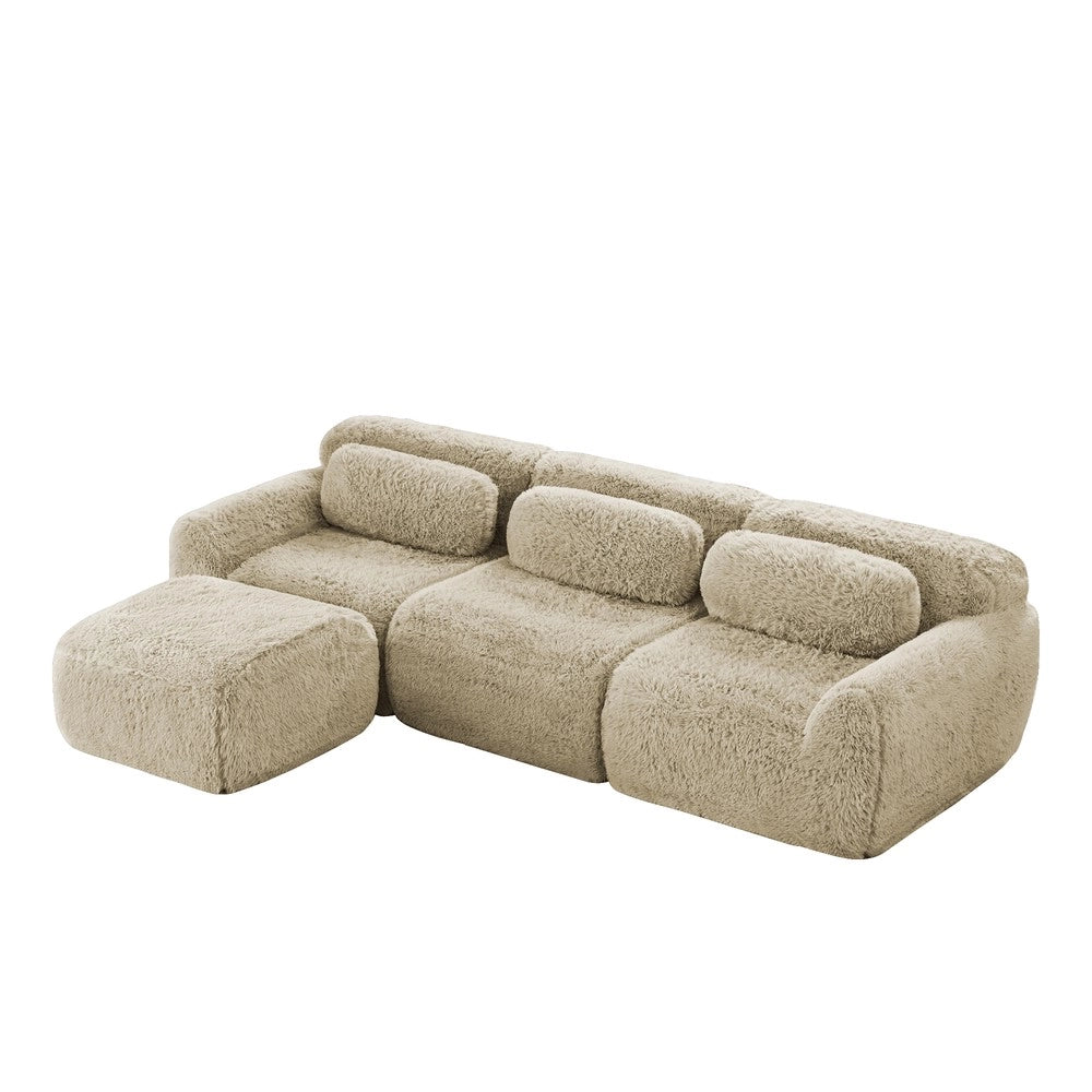Divano Angolare Modulare ¨C Xylo ¨C Tessuto Morbido, Cuscini, Beige Chiaro