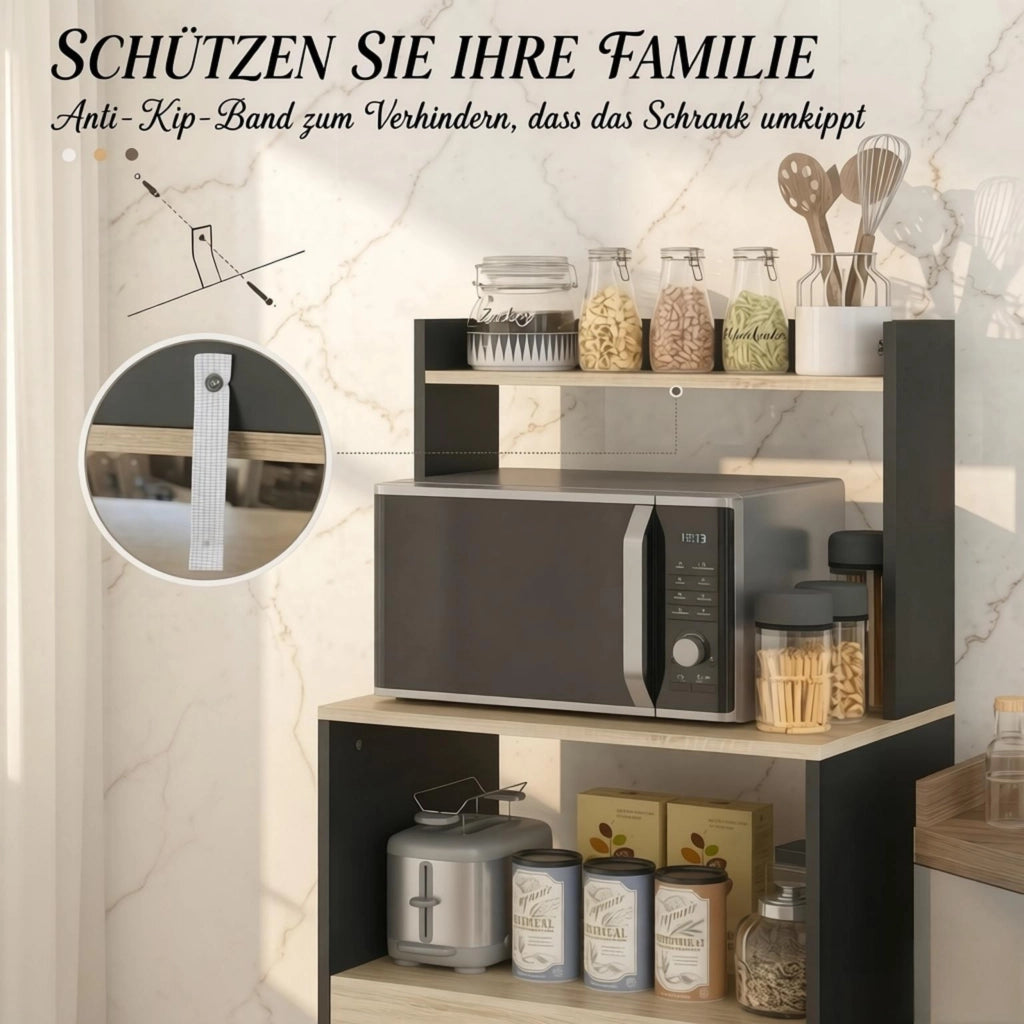 Mobile per microonde, credenza da cucina, mobile per microonde con armadietto, cassetti e ripiano superiore, pratico mobile contenitore da cucina per