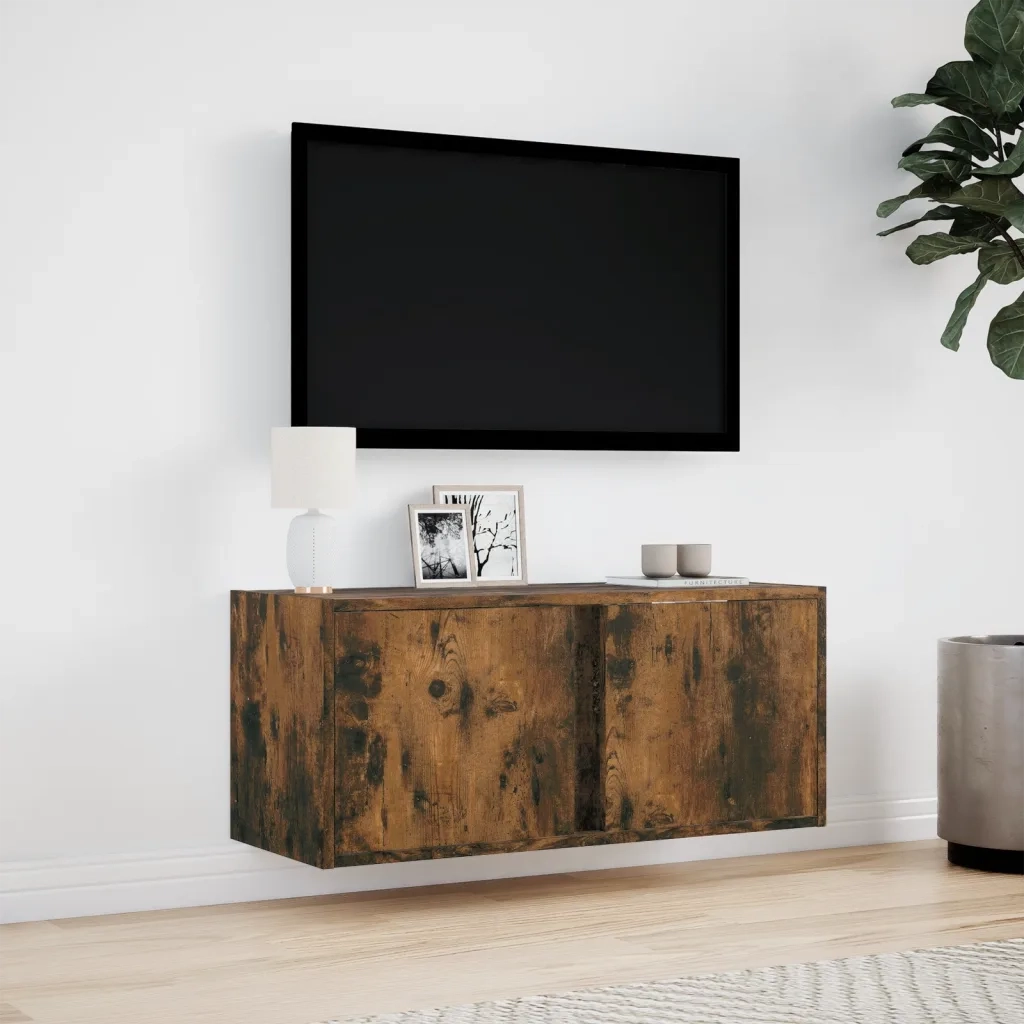 Mobile TV a Parete con Luci LED Rovere Fumo 80x31x35 cm