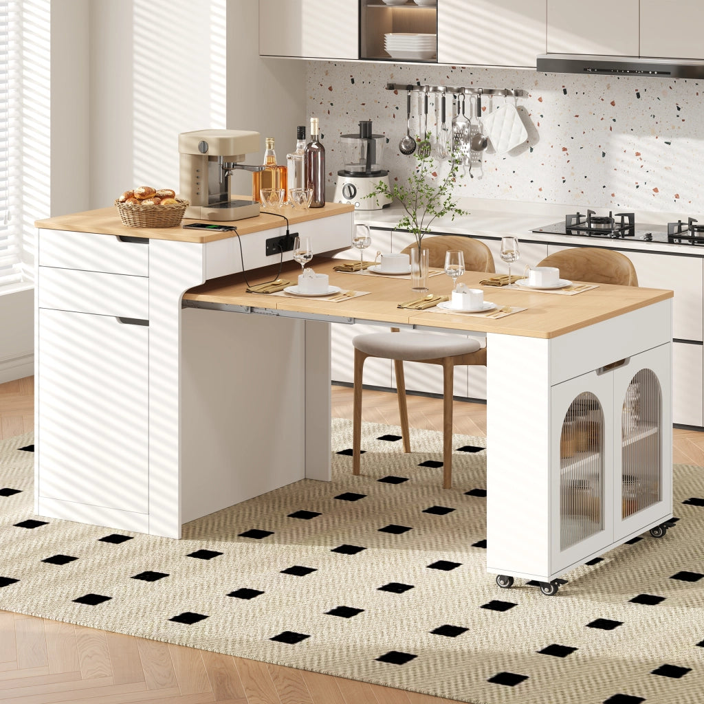 Tavolo da pranzo estensibile con 2 cassetti; ripiani e prese per cucina e soggiorno; bianco