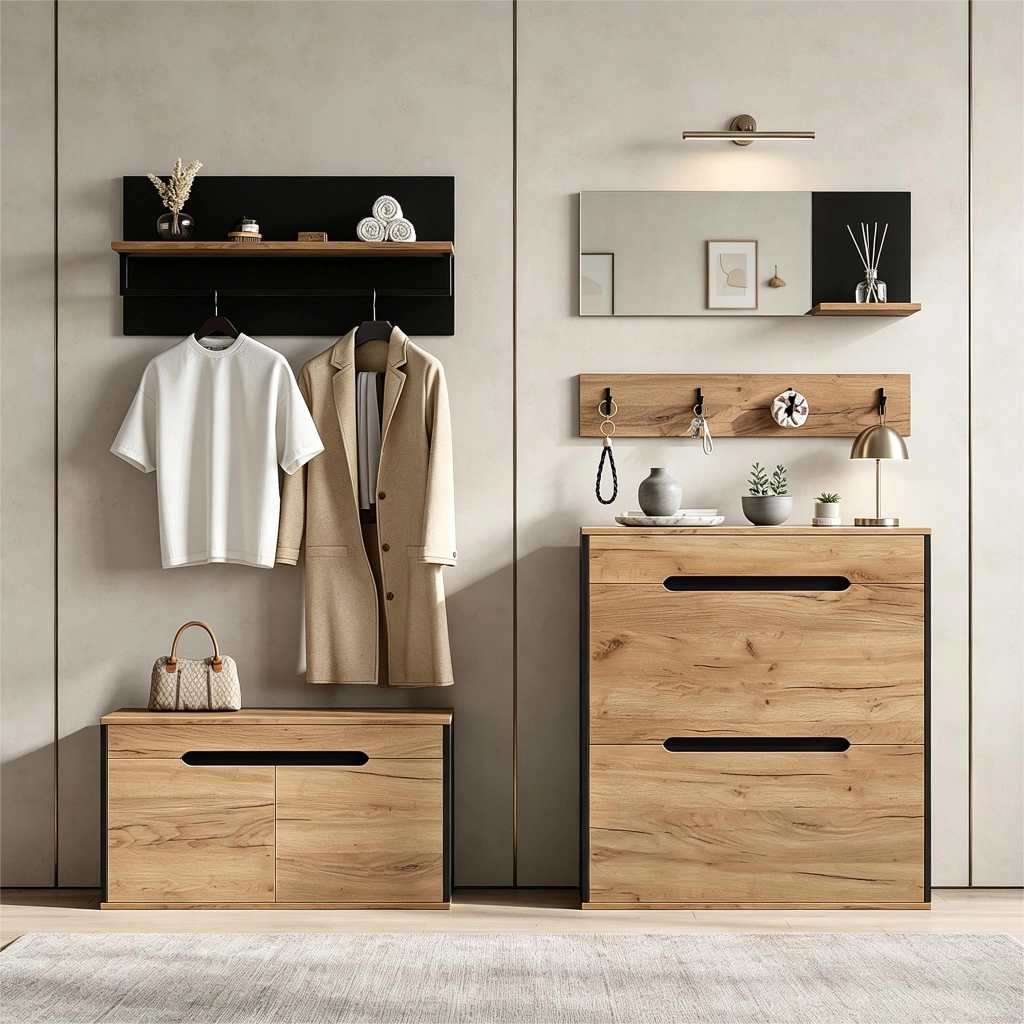 Mobile ingresso con specchio; 2 scarpiere; 1 cassetto e 4 ganci; in MDF e truciolare; nero e legno; 156×36×176 cm