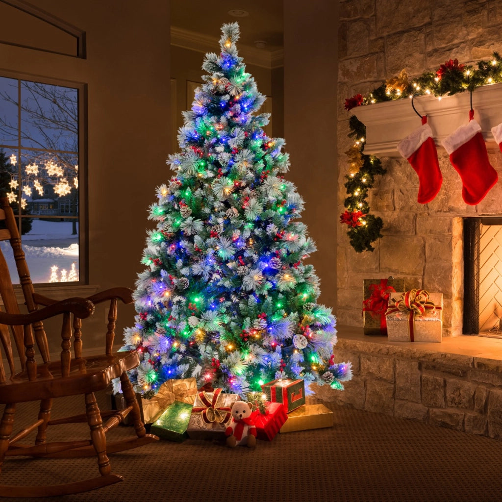 Albero di Natale pre-illuminato con aghi di pino luci led, Albero di natale artificiale incernierato da 215cm-Alberi di Natale