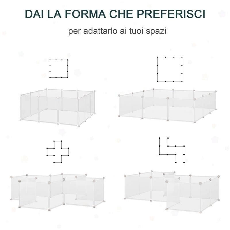 RECINTO PER CONIGLI, CUCCIOLI E PICCOLI ANIMALI MODULABILE IN METALLO E PP, 12 PANNELLI DA 35X45 CM BIANCO