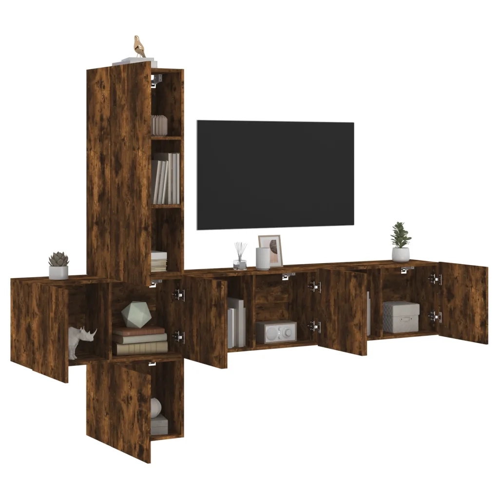 Mobili TV a Muro 5pz-Set di 5 Credenza per TV sospesa Rovere Fumo in Legno Multistrato 652185