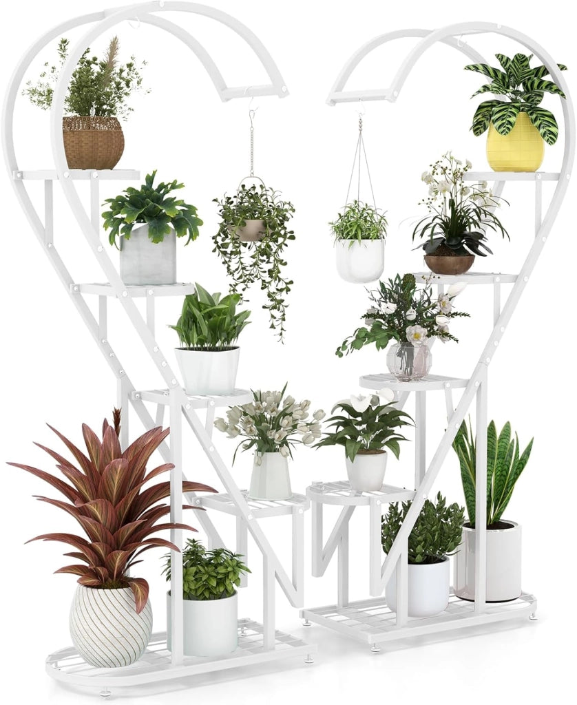Scaffale per Piante in Metallo a 5 Livelli, Porta Piante a Forma di Cuore con Gancio, Scaffale per Fiori per Soggiorno, Camera da Letto e Balcone (Bianco)