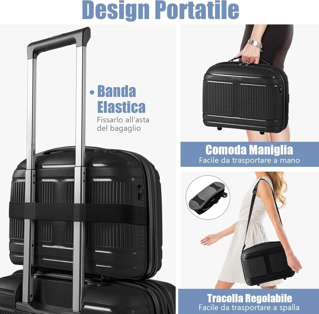 Valigia Bagaglio a Mano 20" con Beauty Case da Viaggio 14", Trolley Bagaglio a Mano con Lucchetto TSA, Porta USB, Ruote Girevoli e Manico Regolabile (Con Beauty + Nero)