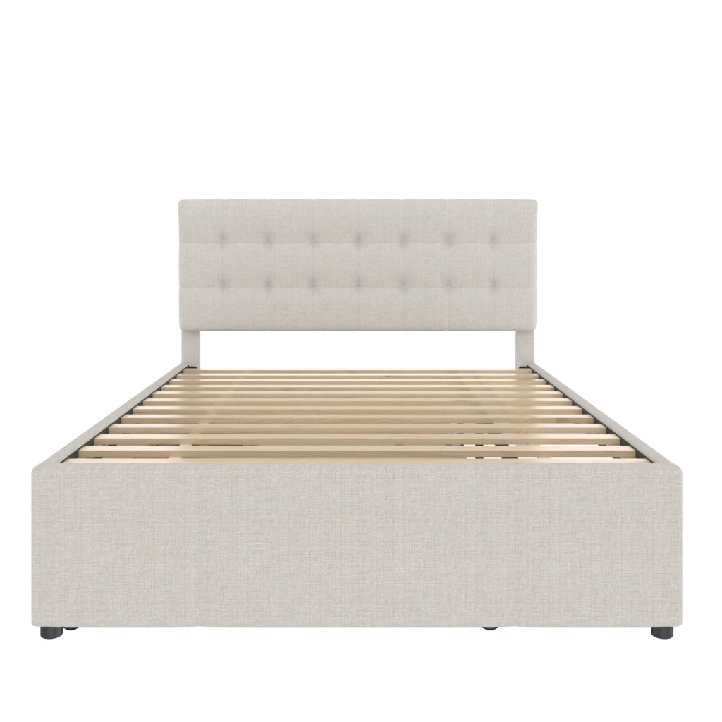 Letto imbottito 140x200 cm con letto estraibile e 3 cassetti; testiera regolabile; lino e MDF beige (Senza materasso)