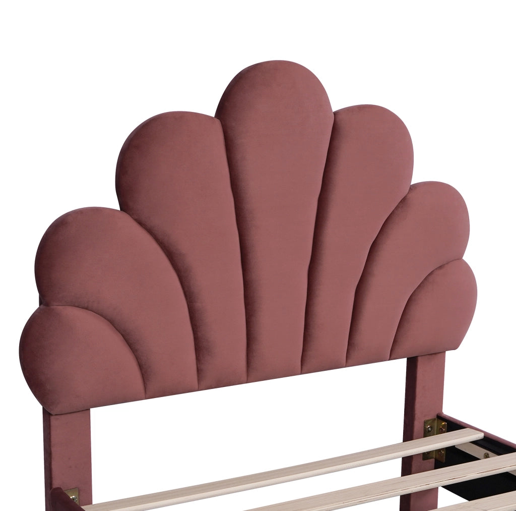 Letto imbottito 90x200 cm; testiera a fiore; velluto; rosso fagiolo (Senza materasso)