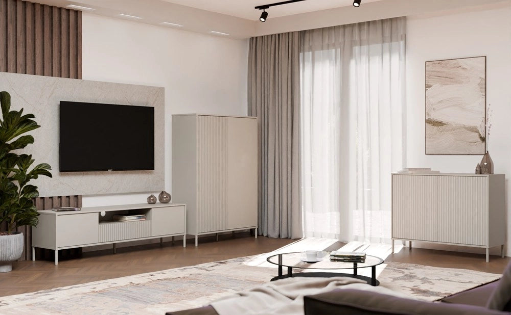 Cassettiera KAMARO 2d slim cashmere doghe decorative frontale scanalato per camera e soggiorno