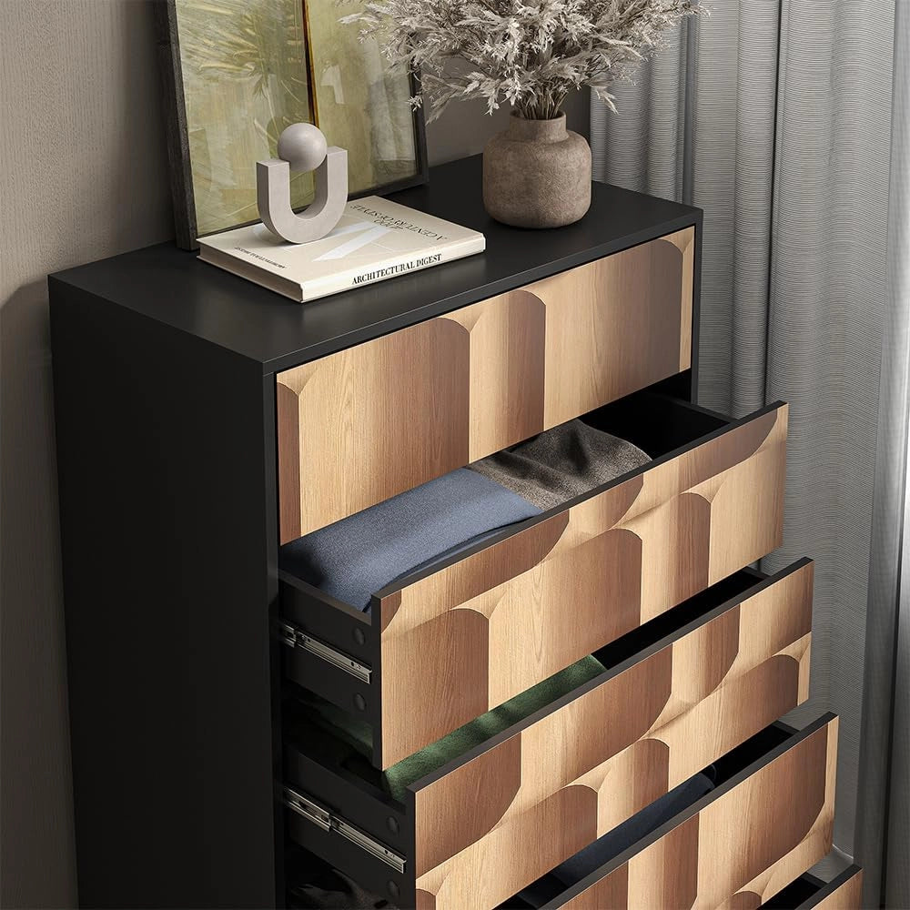 Cassettiera Eliza, Nero/quercia, 76 x 120 cm con 5 cassetti, per conservazione e utilizzo in camera da letto o corridoio