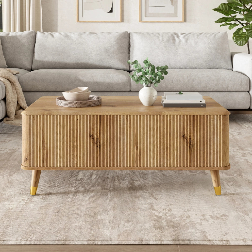 Tavolino da caffè sollevabile con vano contenitore 97x52x56;5 cm MDF e legno naturale