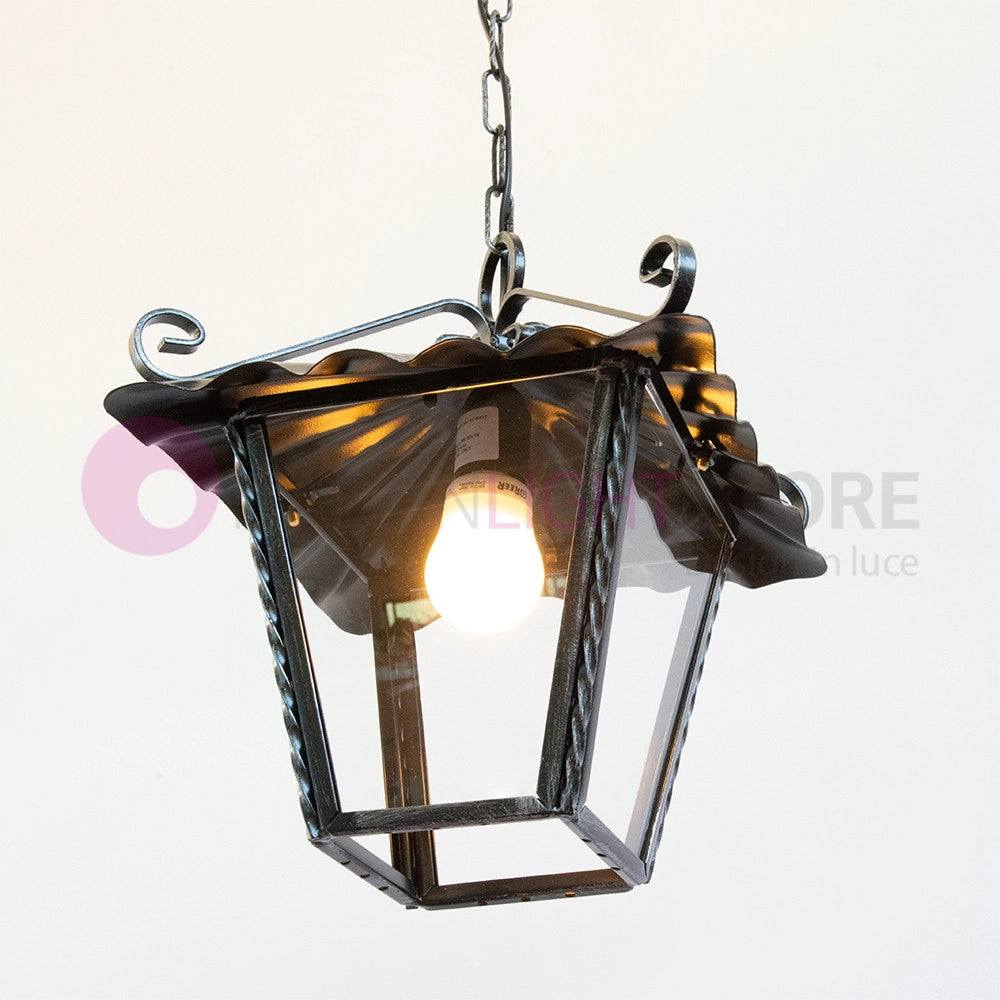 UMBRIA Lanterna Quadrata con Catena Ferro Battuto L.25 Design Rustico