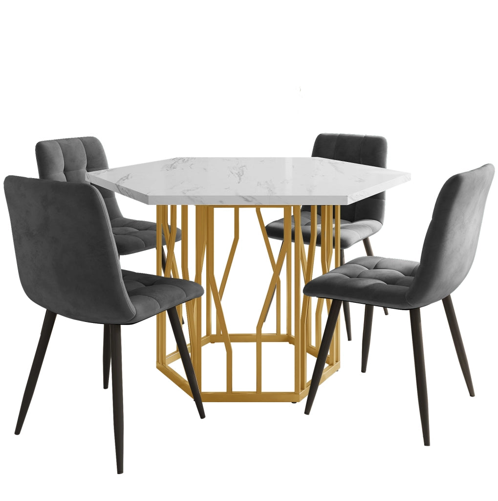 Tavolo da pranzo esagonale con piano effetto marmo in MDF e metallo; dorato e grigio