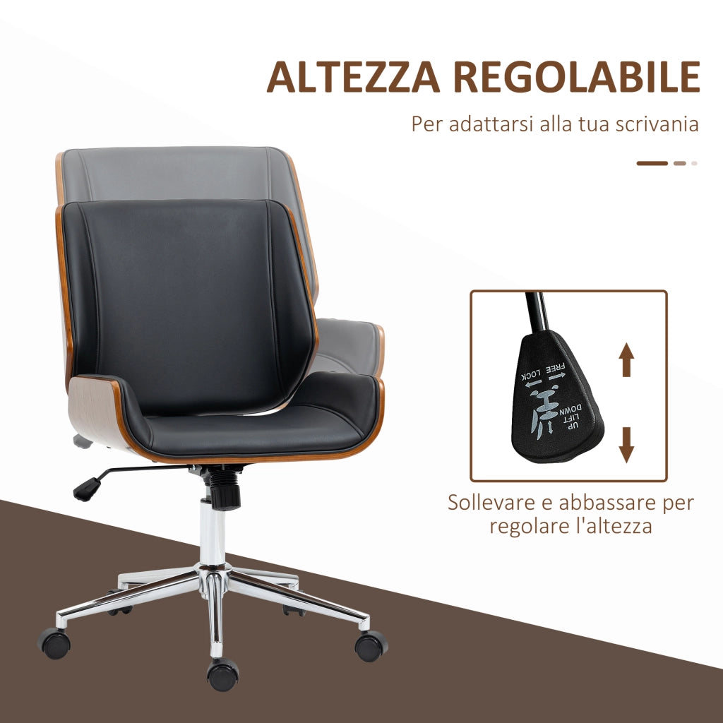 Sedia da Ufficio Vintage Imbottita in Similpelle e Legno ¨C zephmum ¨C Nero e Marrone Scuro 53x60x86-96 cm