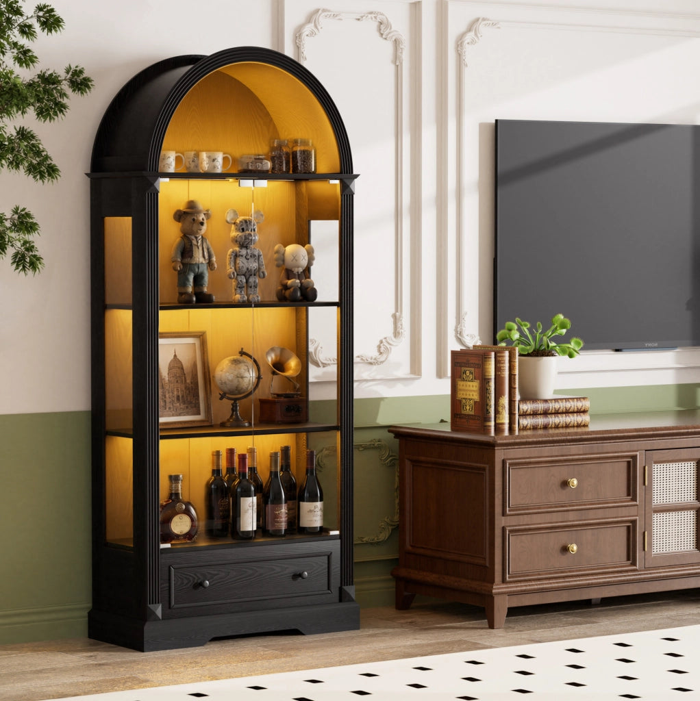 Vetrina ad arco in MDF e vetro con LED a sensore; 80 × 35 × 180 cm; nera
