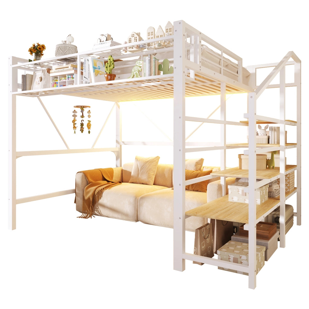Letto a soppalco matrimoniale 140×200 cm con LED; scaletta con ripiani; senza materasso; bianco