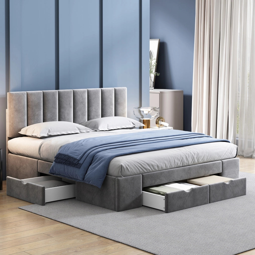 Letto imbottito 160x200 - Xylo - Grigio velluto, 4 cassetti