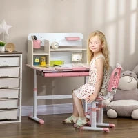 Set Scrivania e Sedia per Bambini da 3 Anni Regolabile, Tavolo Inclinabile a 60° con Cassetto e Ripiani, Rosa