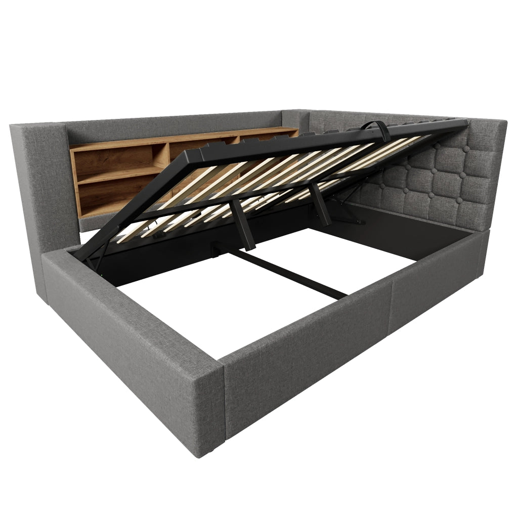 Letto matrimoniale 140x200 cm in lino con LED, porta USB, contenitore idraulico e testiera L reversibile, grigio