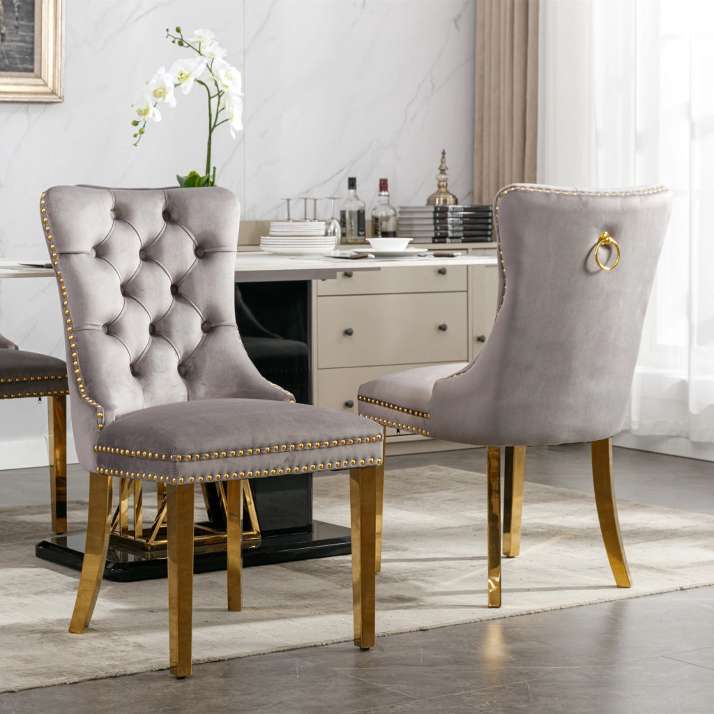 Sedie da Pranzo Imbottite in Velluto ¨C MINIMAL ¨C Set 2 Pezzi, Legno Massello, Gambe Oro, Grigio