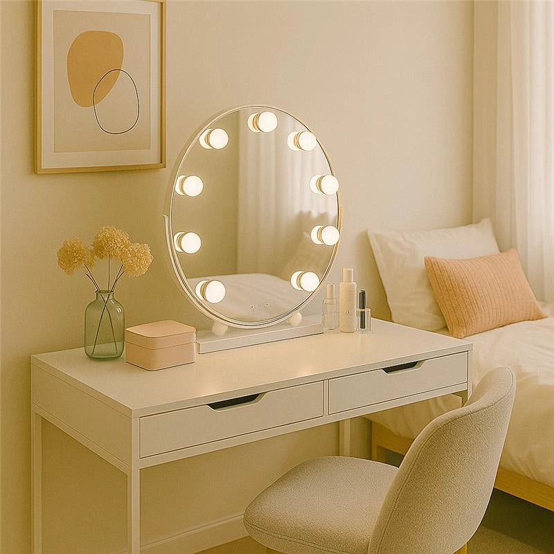 SPECCHIO TONDO  HOLLYWOOD DA TAVOLO CON 11 LED CON 3 LUCI REGOLABILI, ACCENSIONE TOUCH CON SPINA DIMENSIONE D.50 CM