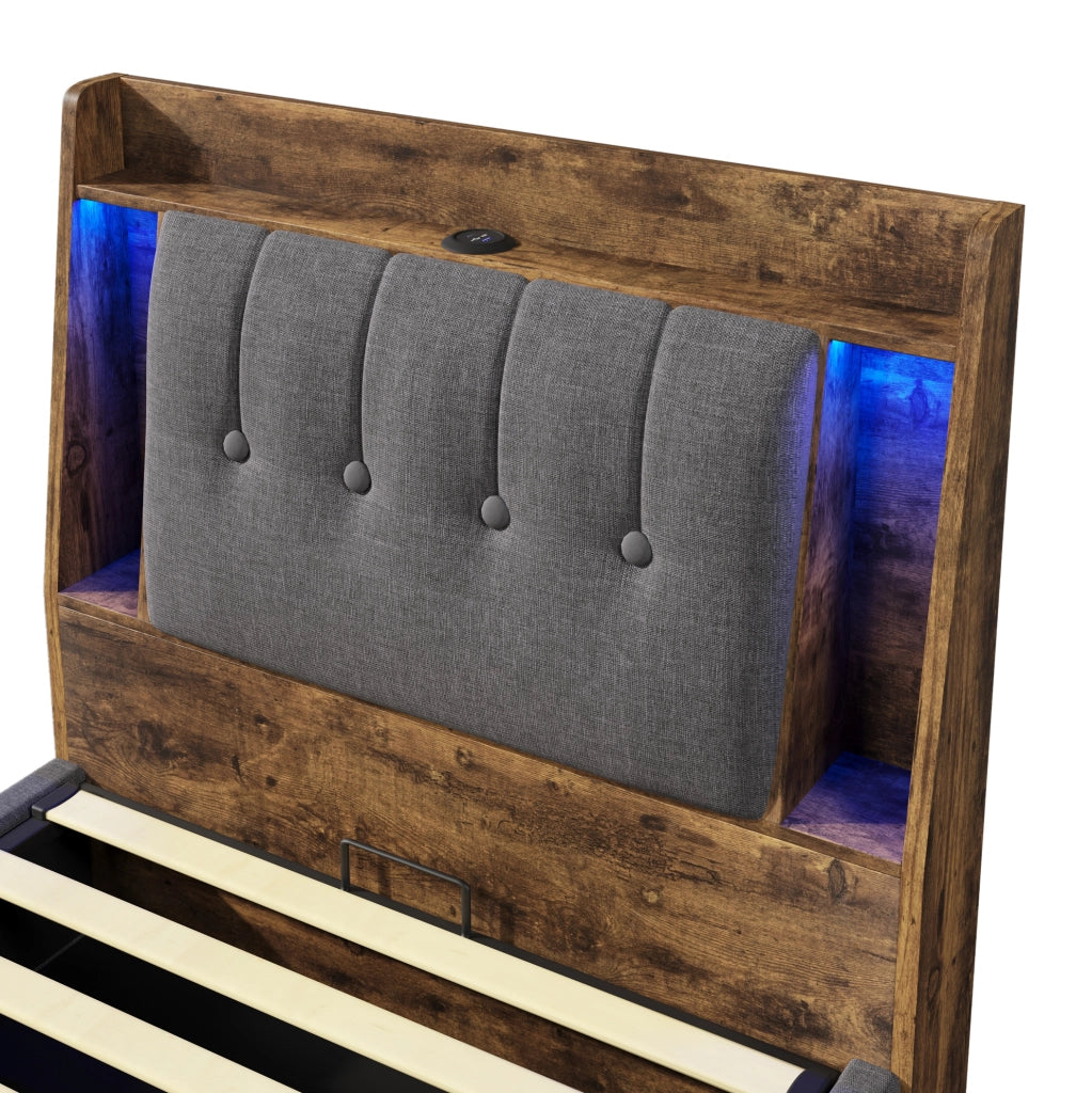Letto imbottito 90x200 cm con USB e Type-C; contenitore ribaltabile; LED; grigio