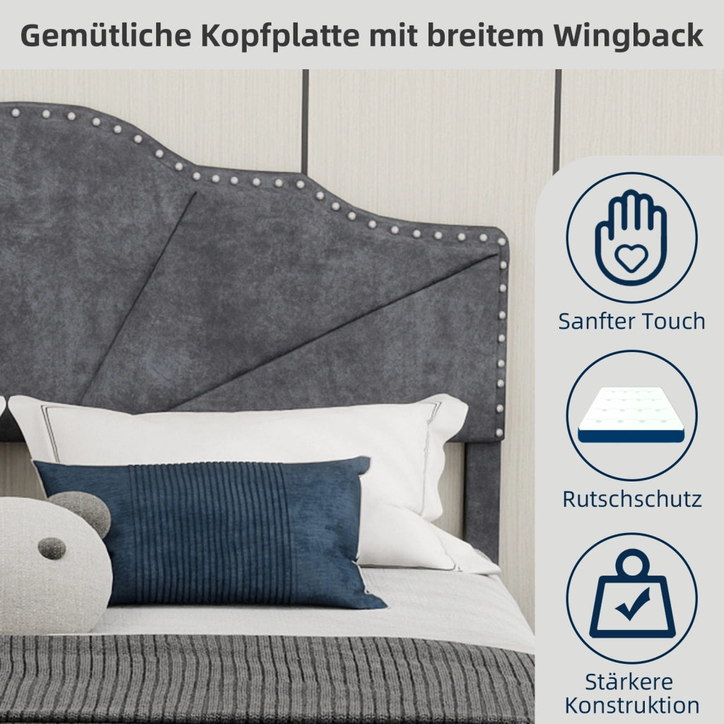 Letto Matrimoniale 140x200 cm con Testiera geometrica in Tessuto e Metallo Grigio